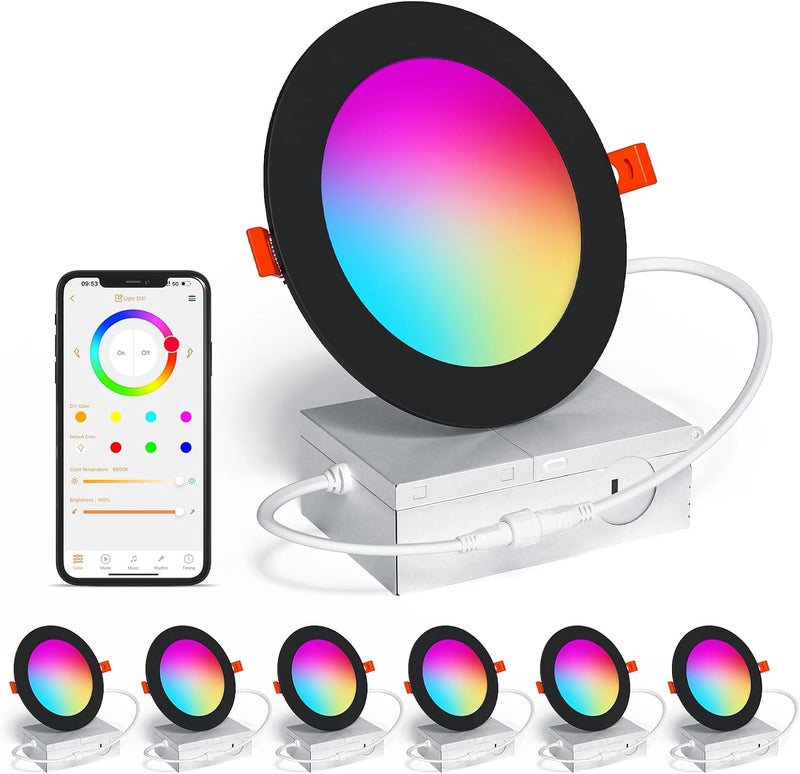 SikSog Black Smart Recessed Lighting 6 Inch RGBCW Color Changing 16W LED Downlight with Junction Box,1350 Lumen Recessed Ceiling Light Compatible with Alexa,Dimmable by Bluetooth Control -6Pack - Image 1